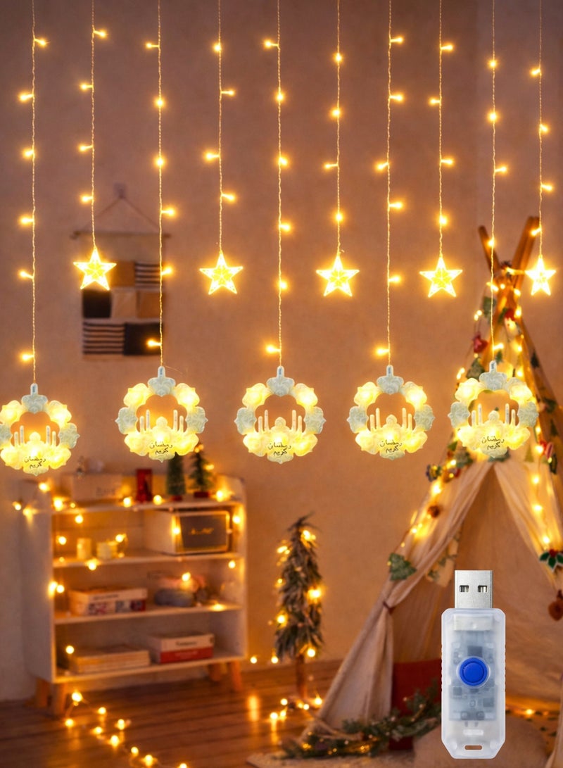 F.A.M.S Ramadan LED Curtain Lights with Star & Mosque Pendants – USB Powered with 8 Lighting Modes, Warm White Decorative String Lights for Home, Eid & Ramadan Décor - Image 1